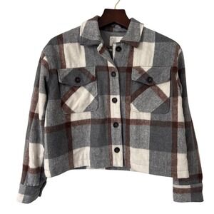 Altard State Gray Plaid Button Front Cropped Flannel Shacket Medium‎